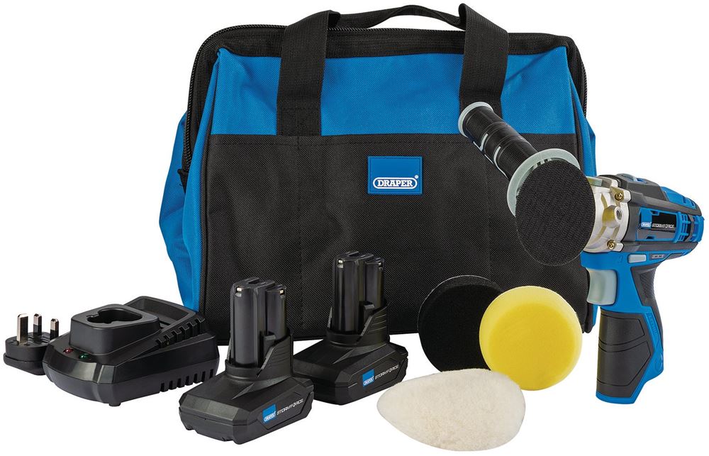 99727 Draper Storm Force Storm Force 10.8V Power Interchange Mini Polisher Kit, 2 x 4. Charger Power Tool Kits Professional Trade DIY Workshop Garag