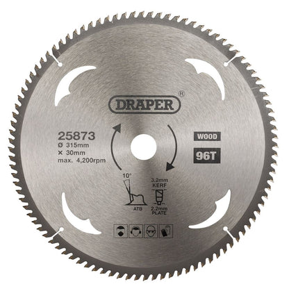 Draper TCT SAW BLADE 315MM 96T WOOD 25873 TCT Circular Saw Blade for Wood, 315 x 30mm