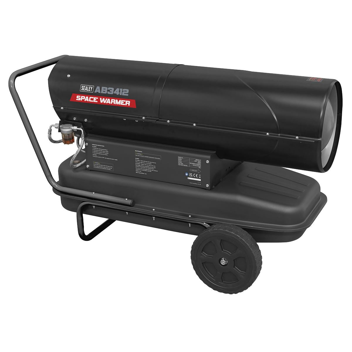 Sealey AB3412 Space Warmer Kerosene/Diesel Heater with Wheels 340,000Btu/hr | 340,000Btu/hr(100kW), 230V - 13A, Thermostat