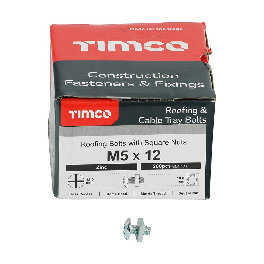 TIMCO Roofing Bolt & SQ Nut Zinc M5 x 12 Silver Pack 200
