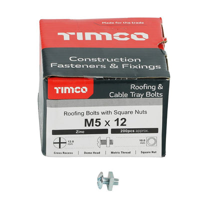 TIMCO Roofing Bolt & SQ Nut Zinc M5 x 12 Silver Pack 200