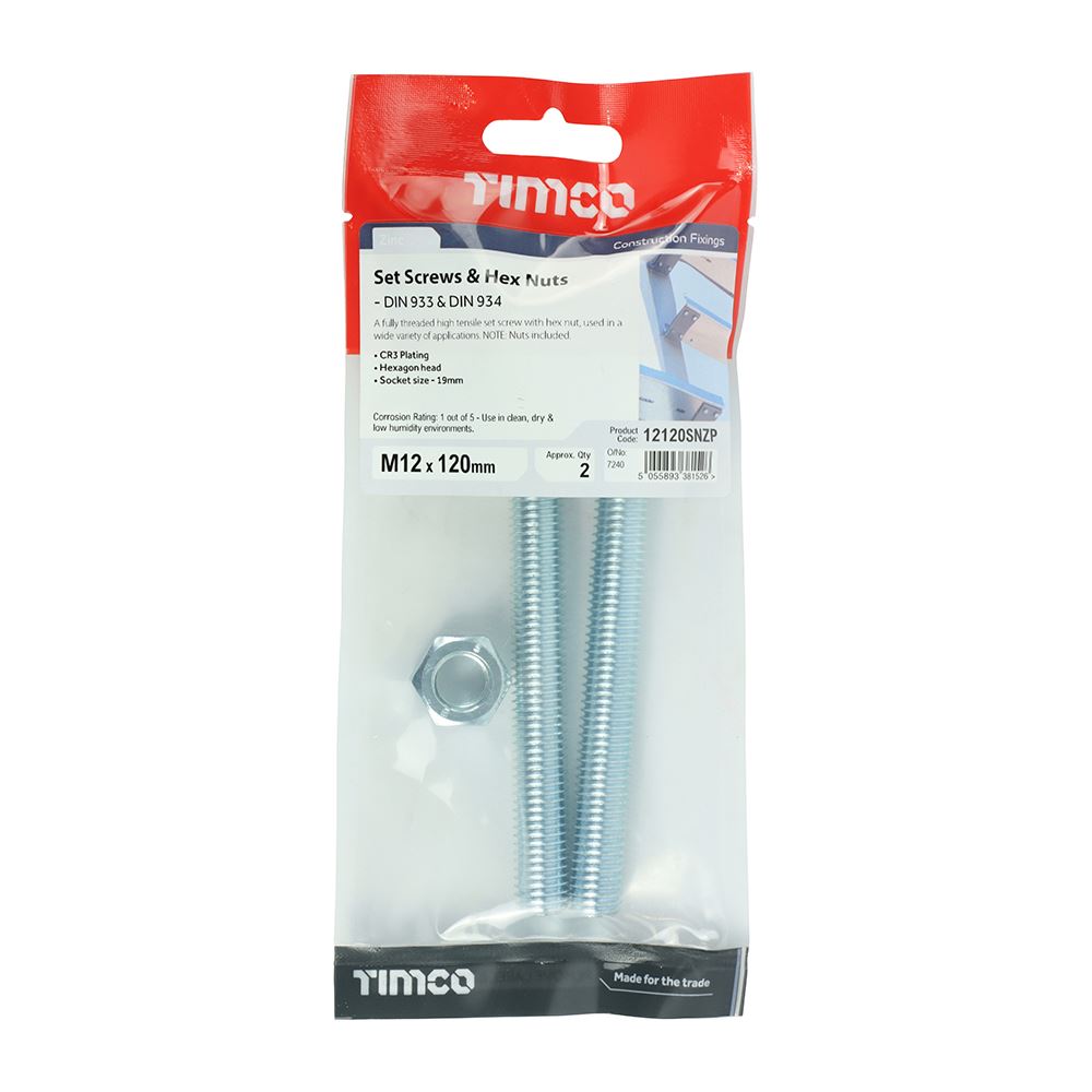 TIMCO Set Screw & Hex Nut - BZP M12 x 120 Silver Pack 2