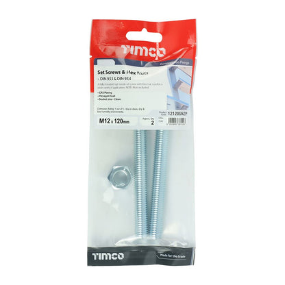 TIMCO Set Screw & Hex Nut - BZP M12 x 120 Silver Pack 2