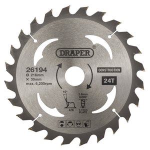 Draper TCT SAW BLADE 216MM 24T CONS 26194 TCT Construction Circular Saw Blade, 216 x 30mm