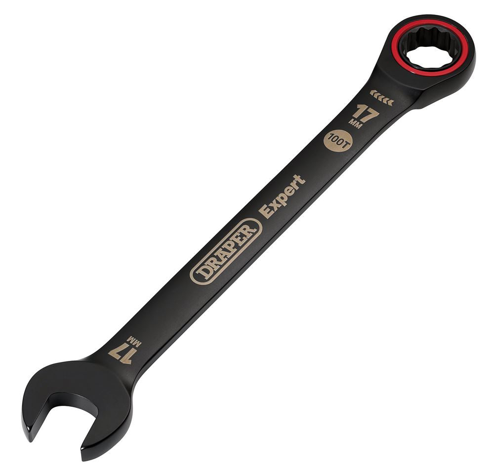 03890 Draper Expert Expert HI-TORQ Metric Ratchet Combination Spanner, 17mm, Black Spanner/Wrench Ratchet Spanners 224mm Professional Trade DIY Wor