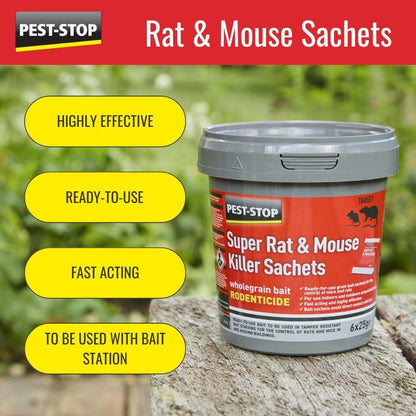 Pest Stop Super Rat & Mouse Killer Sachets - difenacoum (6 x 25g) (Pack of 6)