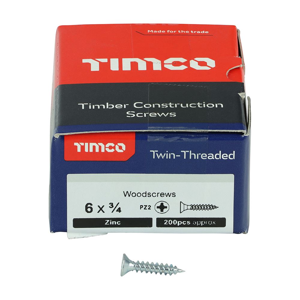TIMCO Twin Woodscrew PZ2 CSK Zinc 6 x 3/4 Silver Pack 200