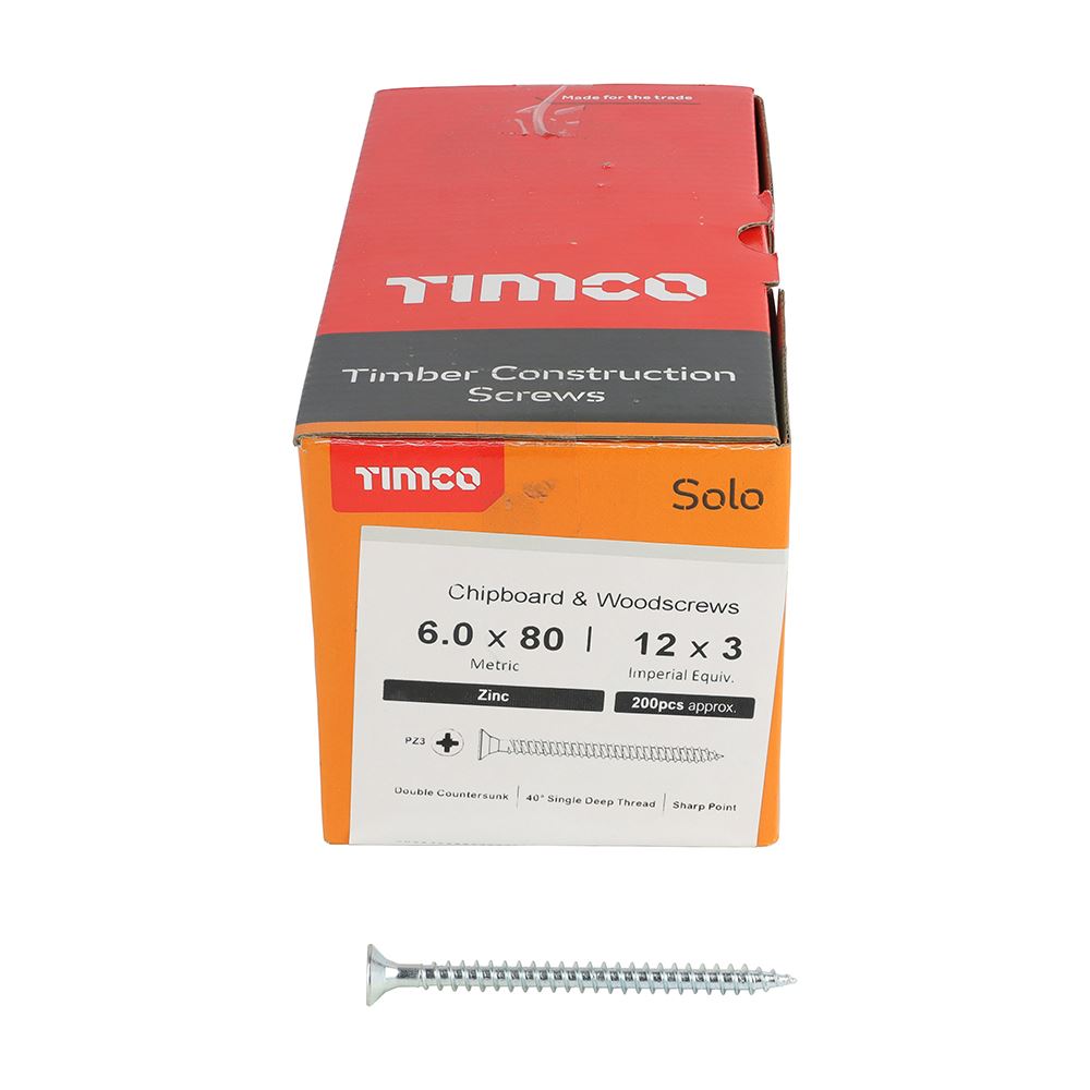 TIMCO Solo Woodscrew PZ3 CSK Zinc 6.0 x 80 Silver Pack 200