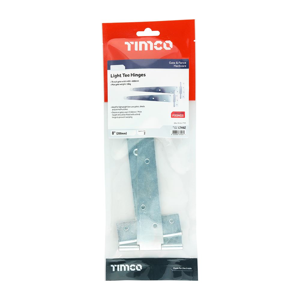 TIMCO Light Tee Hinge Pair Zinc 8" Pack 1