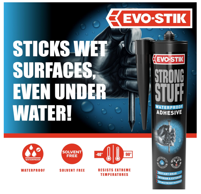 EVO-STIK Strong Stuff Waterproof 290ml SMP Grab Adhesive Wet Surfaces Indoor Outdoor Underwater Solvent Free Pack of 12