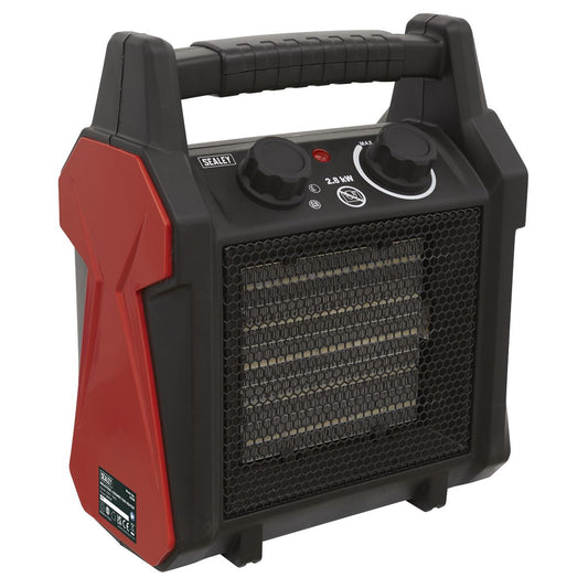 Sealey CH28 Industrial Ceramic Fan Heater 2800W/230V | 0-2800W, 220-240V~ 50Hz, Thermostat, Overheat Protection | Portable industrial heater with two