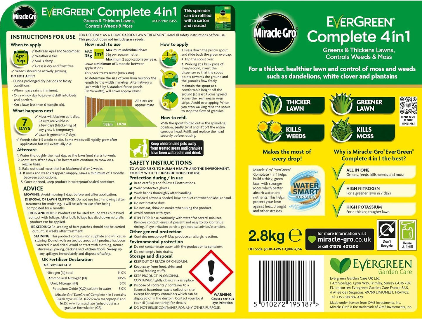 Miracle-Gro 121187 80 m2 EverGreen Complete 4-in-1 Spreader, Lawn Food, Weed & Moss Control