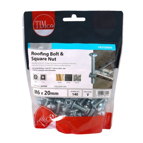 TIMCO Roofing Bolt & SQ Nut - BZP M6 x 20 Silver Pack 140