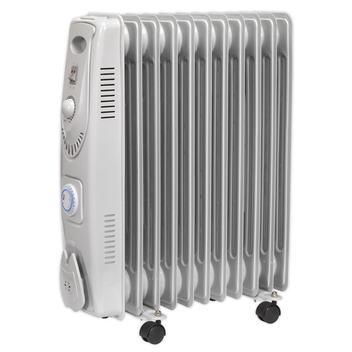 Sealey RD2500T 11-Element Oil Filled Radiator with Timer 2500W/230V | Thermostat, Timer, Tip-Over Switch | Oil filled radiator suitable for office