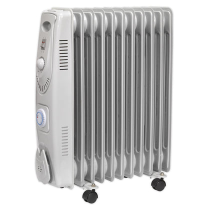 Sealey RD2500T 11-Element Oil Filled Radiator with Timer 2500W/230V | Thermostat, Timer, Tip-Over Switch | Oil filled radiator suitable for office