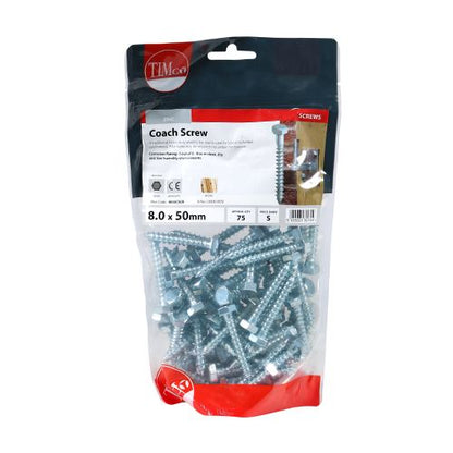 TIMCO Coach Screws Hex Head Silver  - 8.0 x 50 TIMbag OF 75 - 0850CSCB