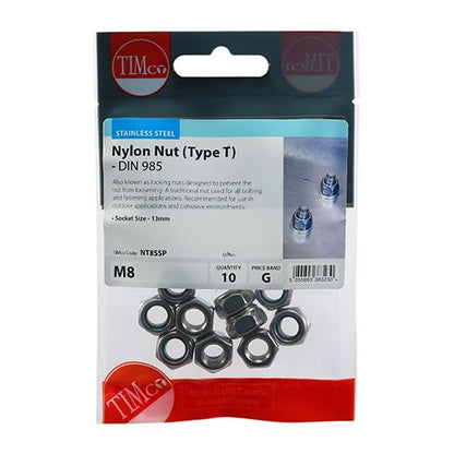 TIMCO T Nylon Nut DIN 985 - A2 SS M8 Pack 10