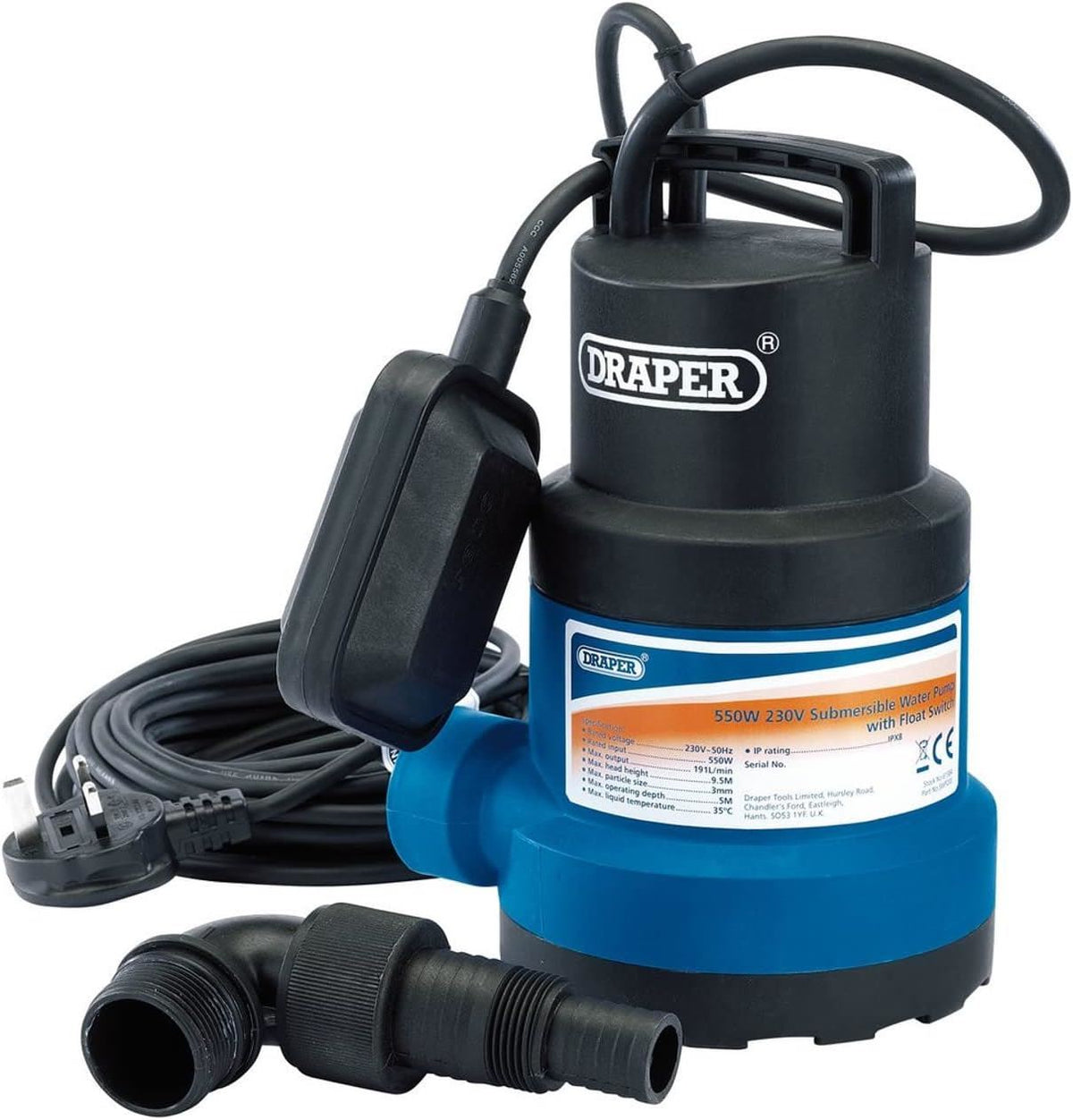 61584 Draper 230V Submersible Clean Water Pump with Float Switch, 191L/min, 550W Submersible Water Pumps Professional Trade DIY Workshop Garage Use
