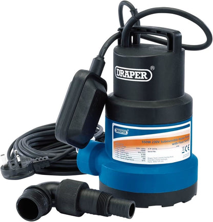 61584 Draper 230V Submersible Clean Water Pump with Float Switch, 191L/min, 550W Submersible Water Pumps Professional Trade DIY Workshop Garage Use