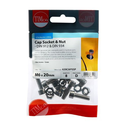 TIMCO Cap Socket & Nut - A2 SS M6 x 20 Pack 8