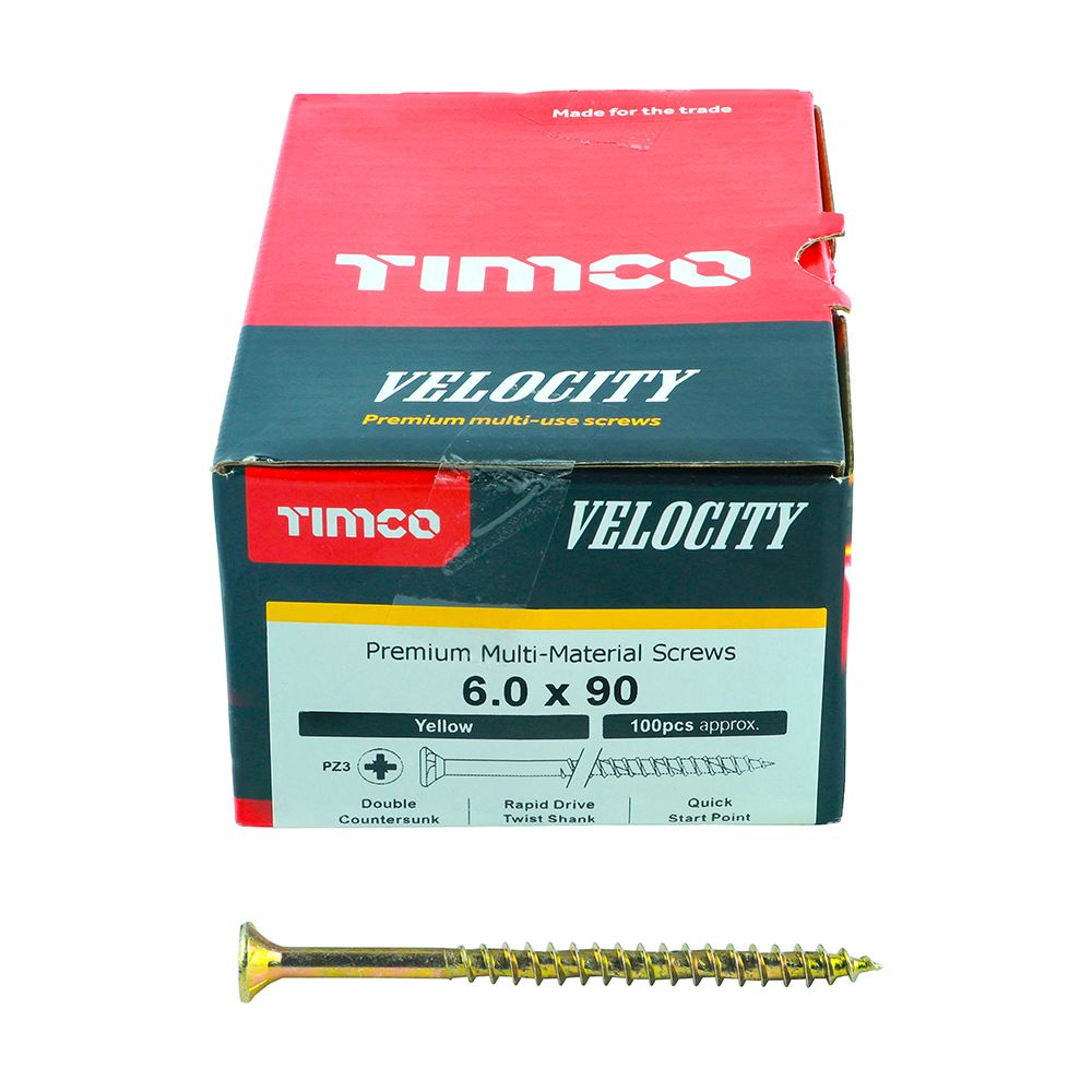 TIMCO Velocity Screw PZ3 CSK ZYP 6.0 x 90 Gold Pack 100