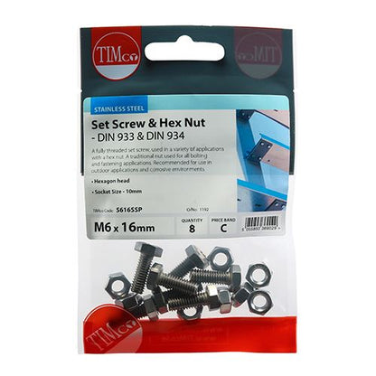 TIMCO Set Screw & Hex Nut - A2 SS M6 x 16 Silver Pack 8