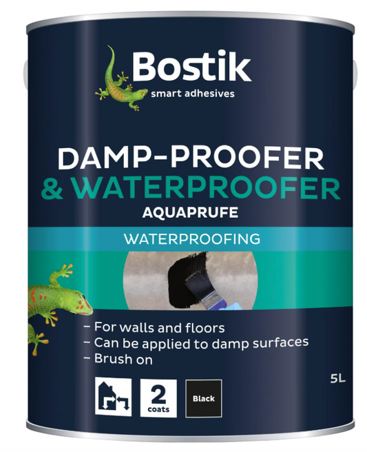 Bostik Aquaprufe Damp Proofer & Waterproofer 5L Flexible Solvent Free Rubber Bitumen Emulsion for Internal External Walls & Floors