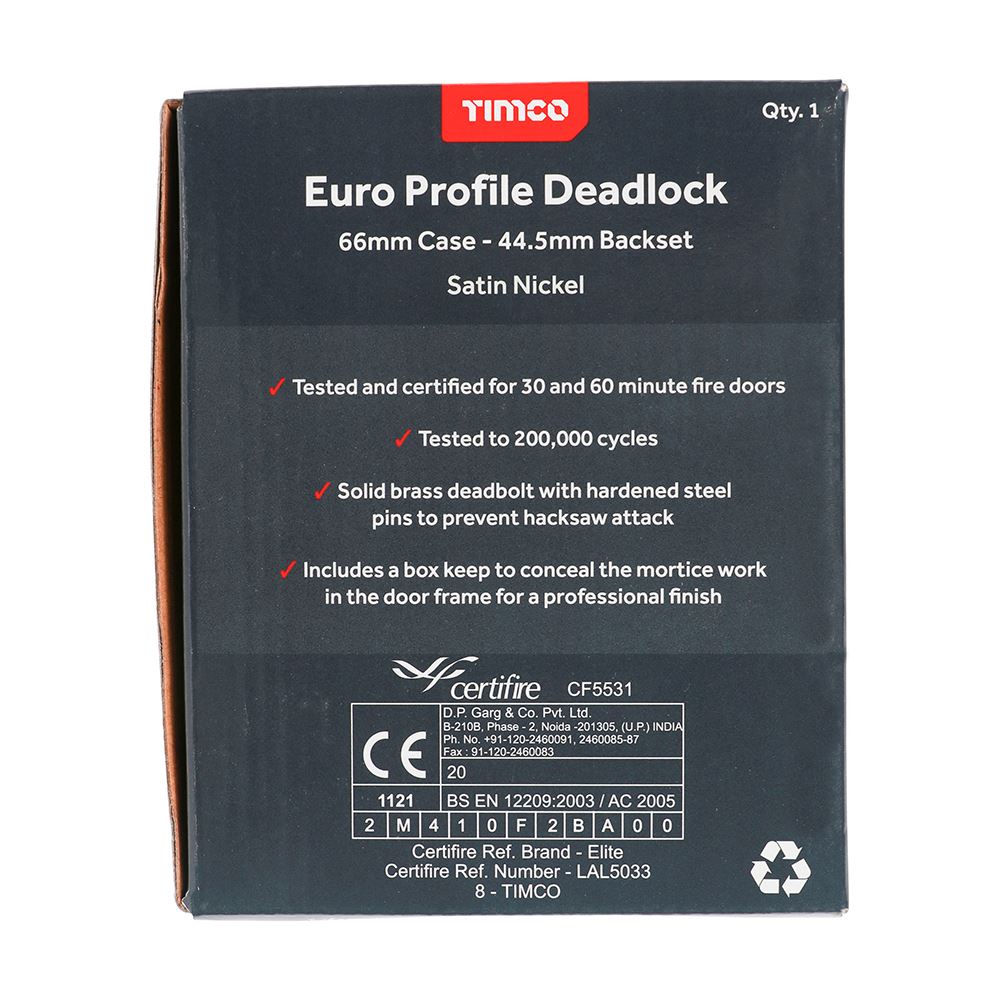 TIMCO Euro Deadlock Sat. Nickel 66mm Pack 1