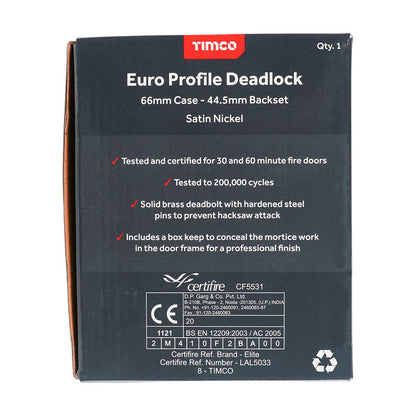 TIMCO Euro Deadlock Sat. Nickel 66mm Pack 1