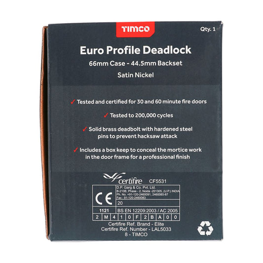 TIMCO Euro Deadlock Sat. Nickel 66mm Pack 1