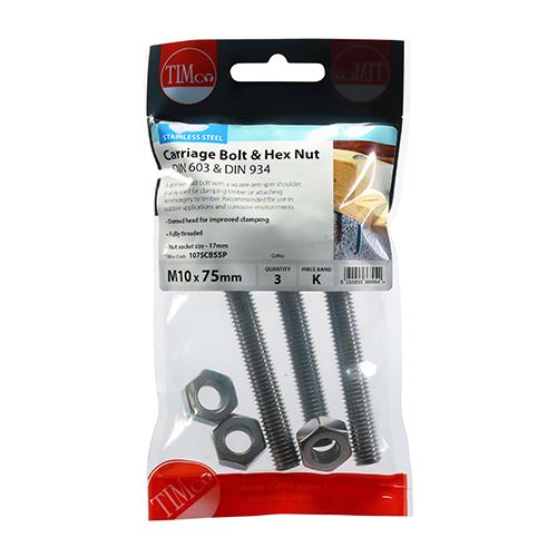 TIMCO Carriage Bolt & Hex Nut -A2 SS M10 x 75 Pack 3