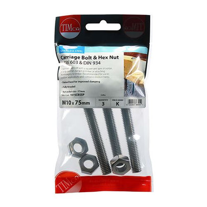 TIMCO Carriage Bolt & Hex Nut -A2 SS M10 x 75 Pack 3