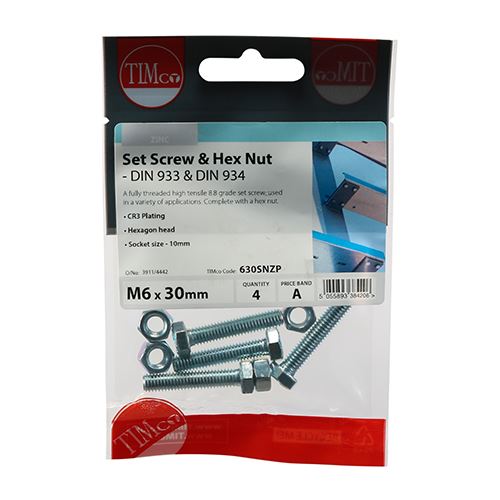 TIMCO Set Screw & Hex Nut - BZP M6 x 30 Silver Pack 4