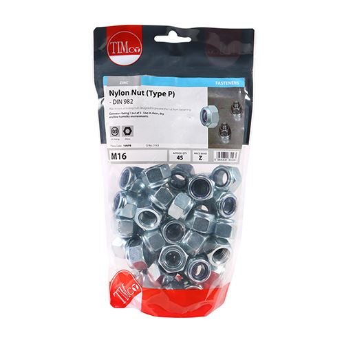 TIMCO P Nylon Nut DIN 982 - BZP M16 Silver Pack 45