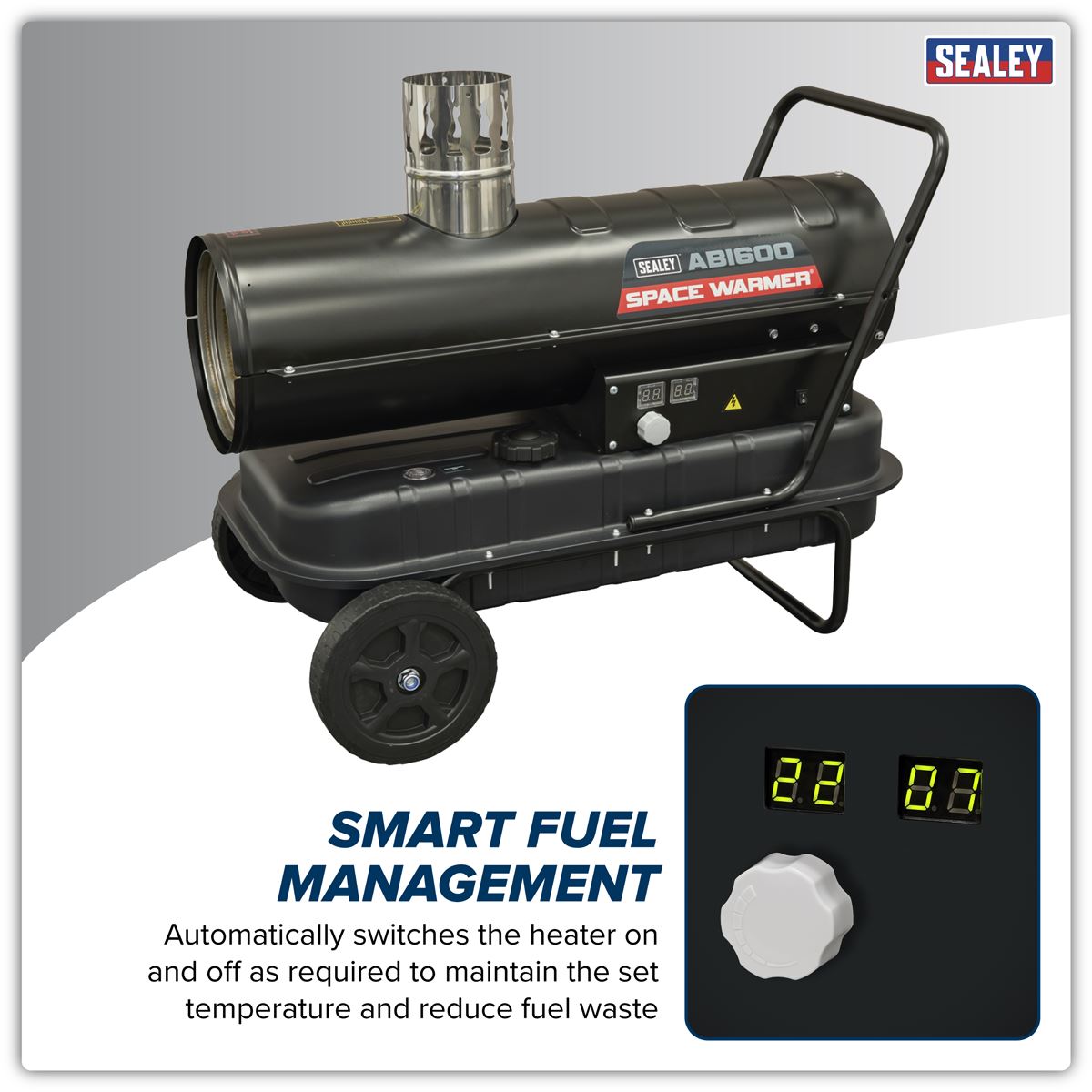 Sealey ABI600 Space Warmer Indirect Kerosene/Diesel Heater with Wheels 68,000Btu/hr | 68,242Btu/hr(20kW), 230V ~ 50Hz, Thermostat, Wheels