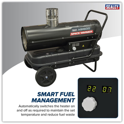 Sealey ABI600 Space Warmer Indirect Kerosene/Diesel Heater with Wheels 68,000Btu/hr | 68,242Btu/hr(20kW), 230V ~ 50Hz, Thermostat, Wheels