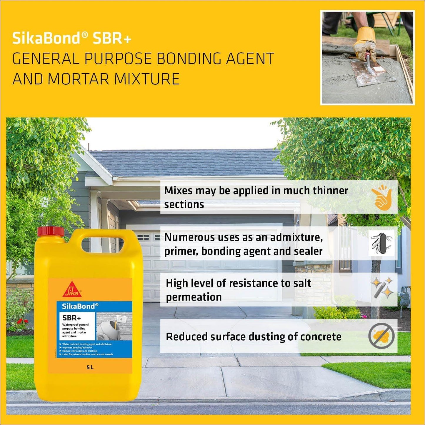 SikaBond SBR+ Waterproof Bonding Agent & Mortar Admixture 5L Plaster Render Concrete