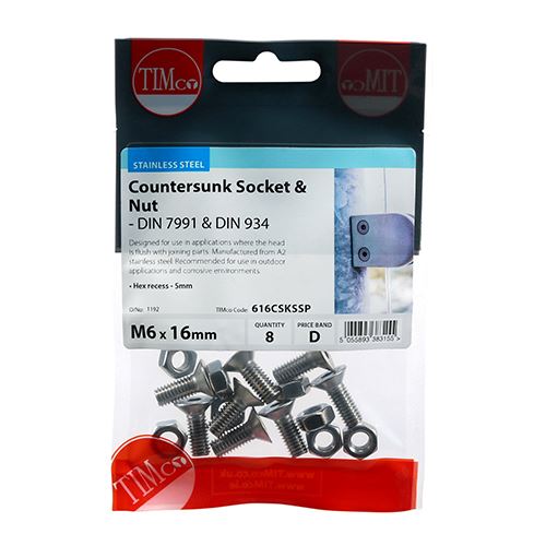 TIMCO CSK Socket & Nut - A2 SS M6 x 16 Pack 8