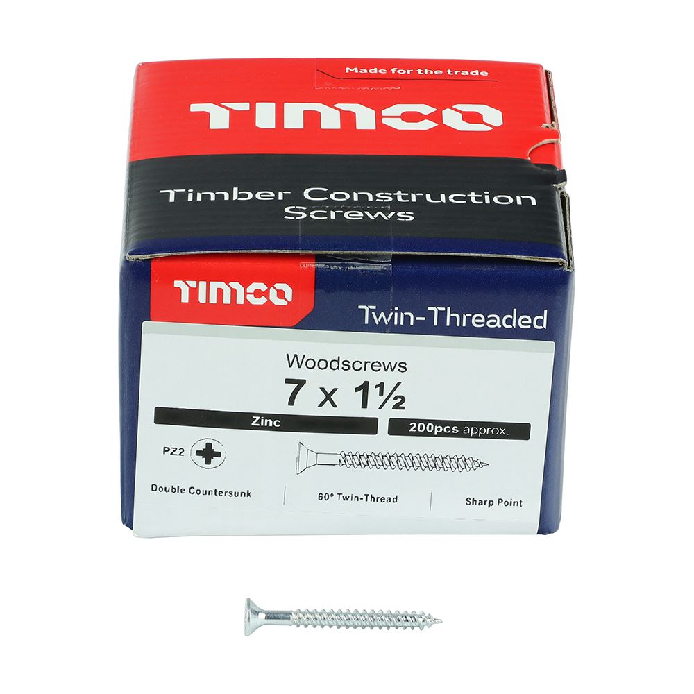 TIMCO Twin Woodscrew PZ2 CSK Zinc 7 x 1 1/2 Silver Pack 200