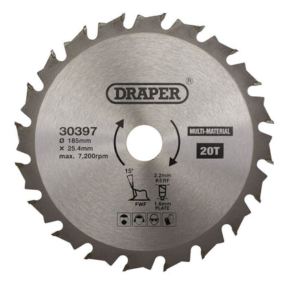 Draper TCT SAW BLADE 185MM 20T MULTI 30397 TCT Multi-Purpose Circular Saw Blade, 185 x 25.4mm