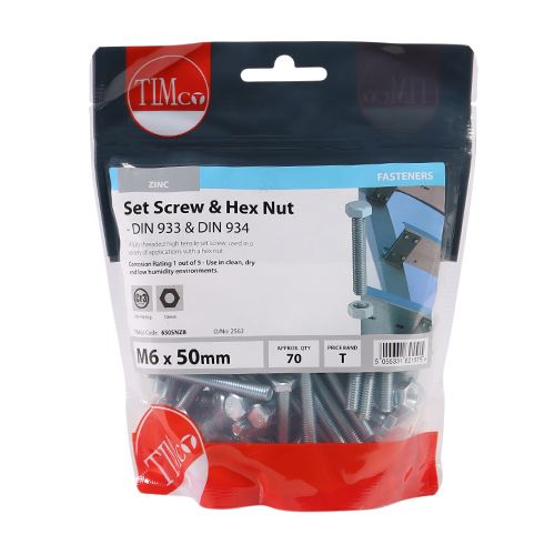 TIMCO Set Screw & Hex Nut - BZP M6 x 50 Silver Pack 70