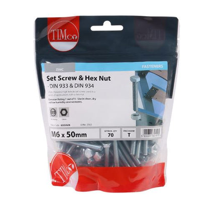 TIMCO Set Screw & Hex Nut - BZP M6 x 50 Silver Pack 70