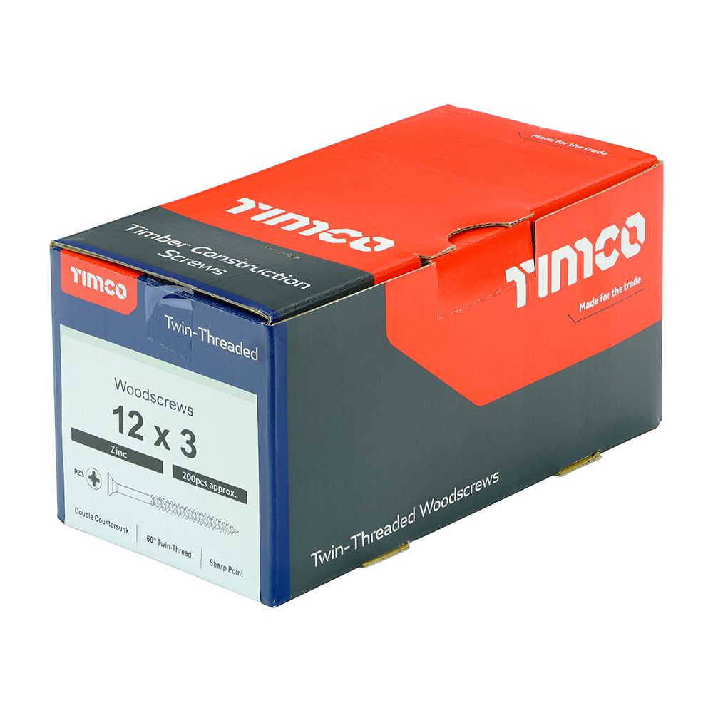 TIMCO Twin Woodscrew PZ3 CSK Zinc 12 x 3 Silver Pack 200
