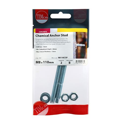 TIMCO Chemical Anchor Stud - BZP Silver M8 x 110 Pack 2.0