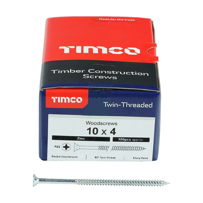 TIMCO Twin Woodscrew PZ2 CSK Zinc 10 x 4 Silver Pack 100