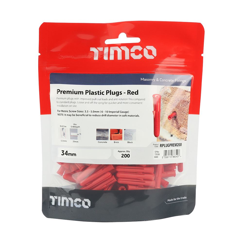 TIMCO Premium Plastic Plugs - Red 34mm Red Pack 200