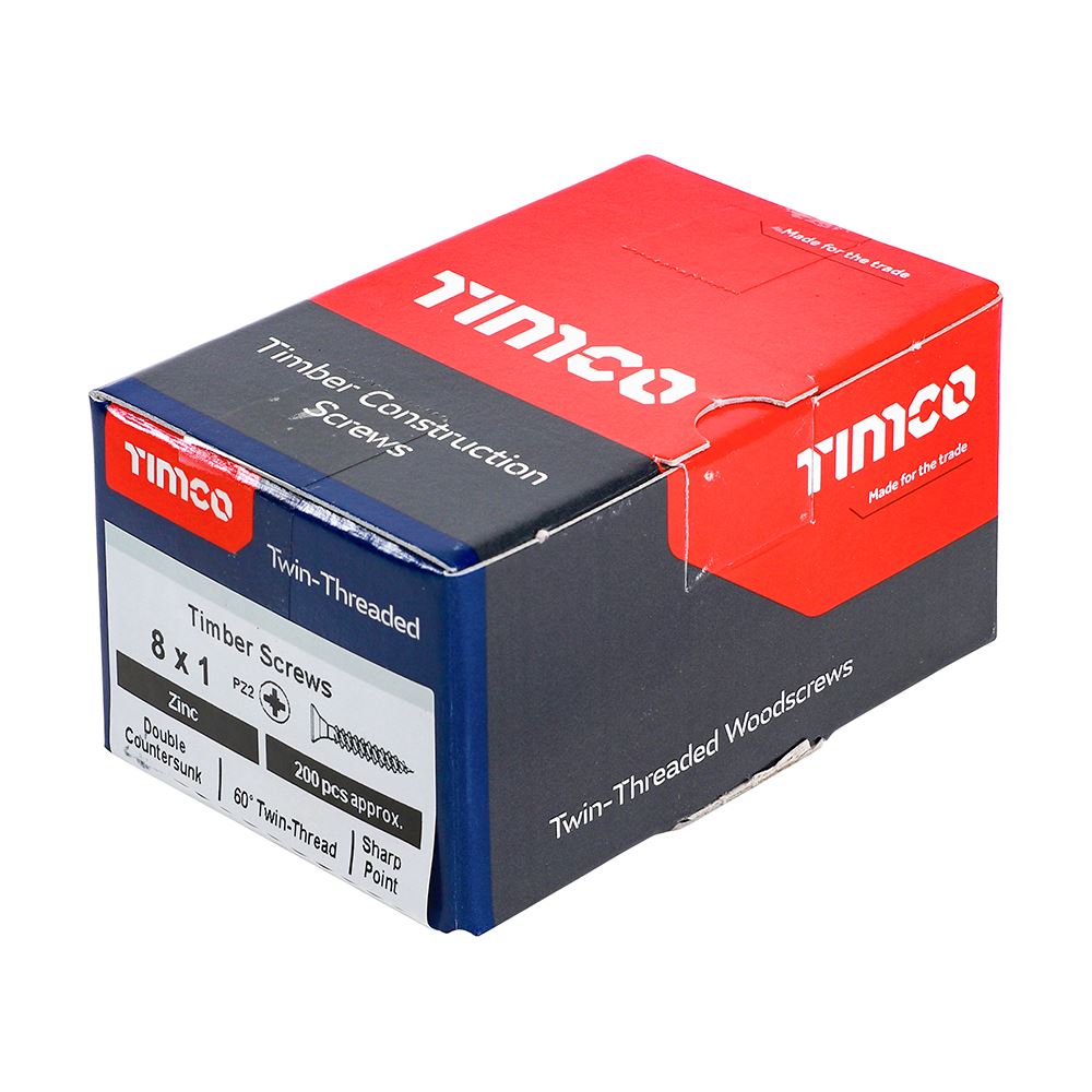 TIMCO Twin Woodscrew PZ2 CSK Zinc 8 x 1 Silver Pack 200