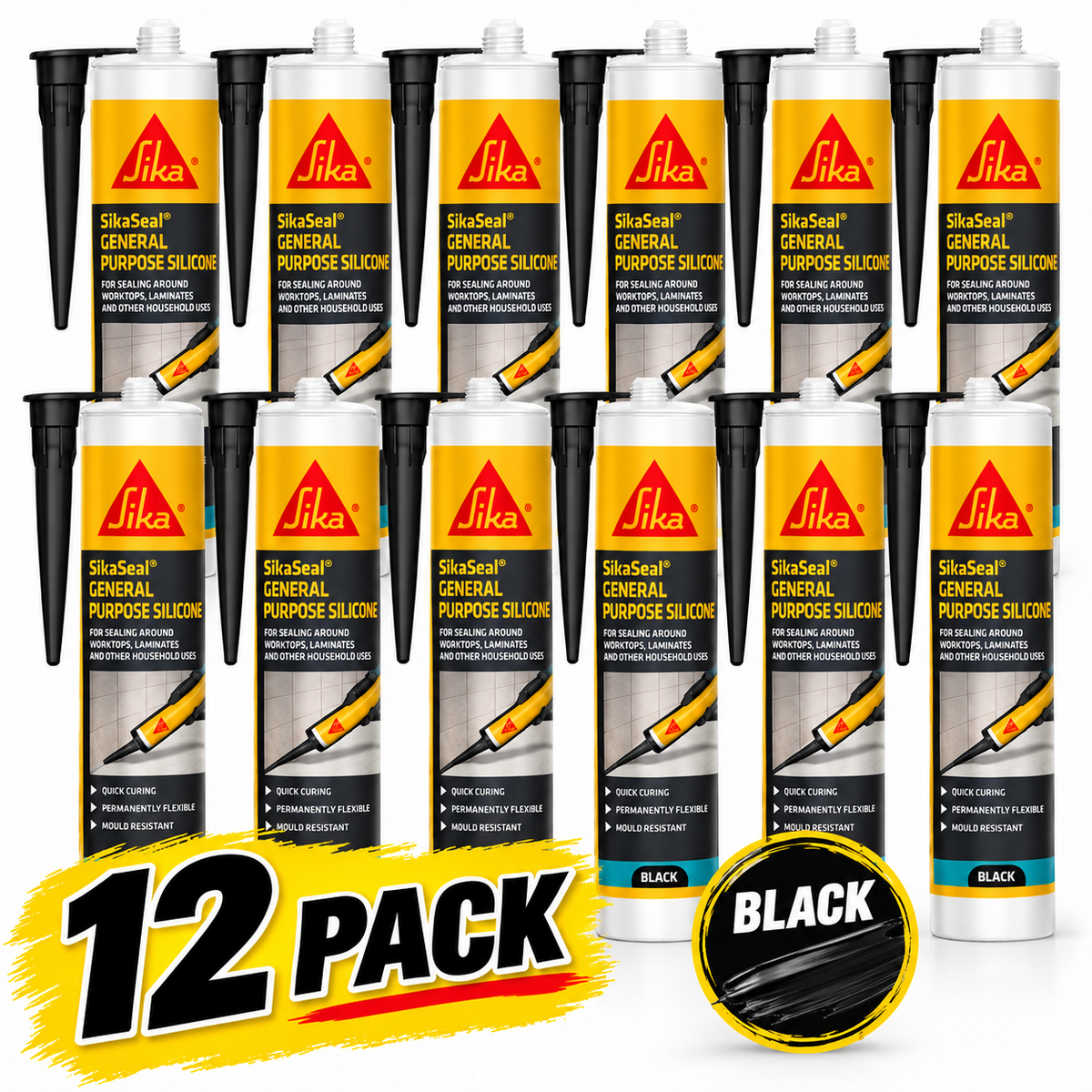 Sika Everbuild General Purpose Silicone Sealant Black 260ml 12 Pack Waterproof Flexible Mould Resistant Seal for Baths Showers Sinks and Worktops