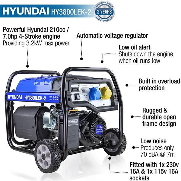 Hyundai HY3800LEK-2 Petrol Generator 3.2kW 4kVA Electric Start Portable Site Power Backup Power Portable Backup Site Power