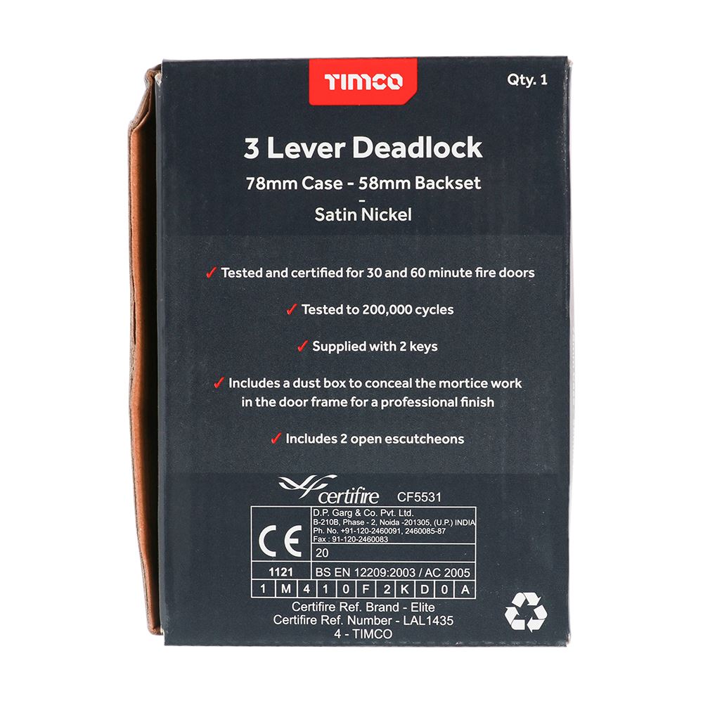 TIMCO 3 Lever Deadlock Sat. Nickel 78mm Pack 1